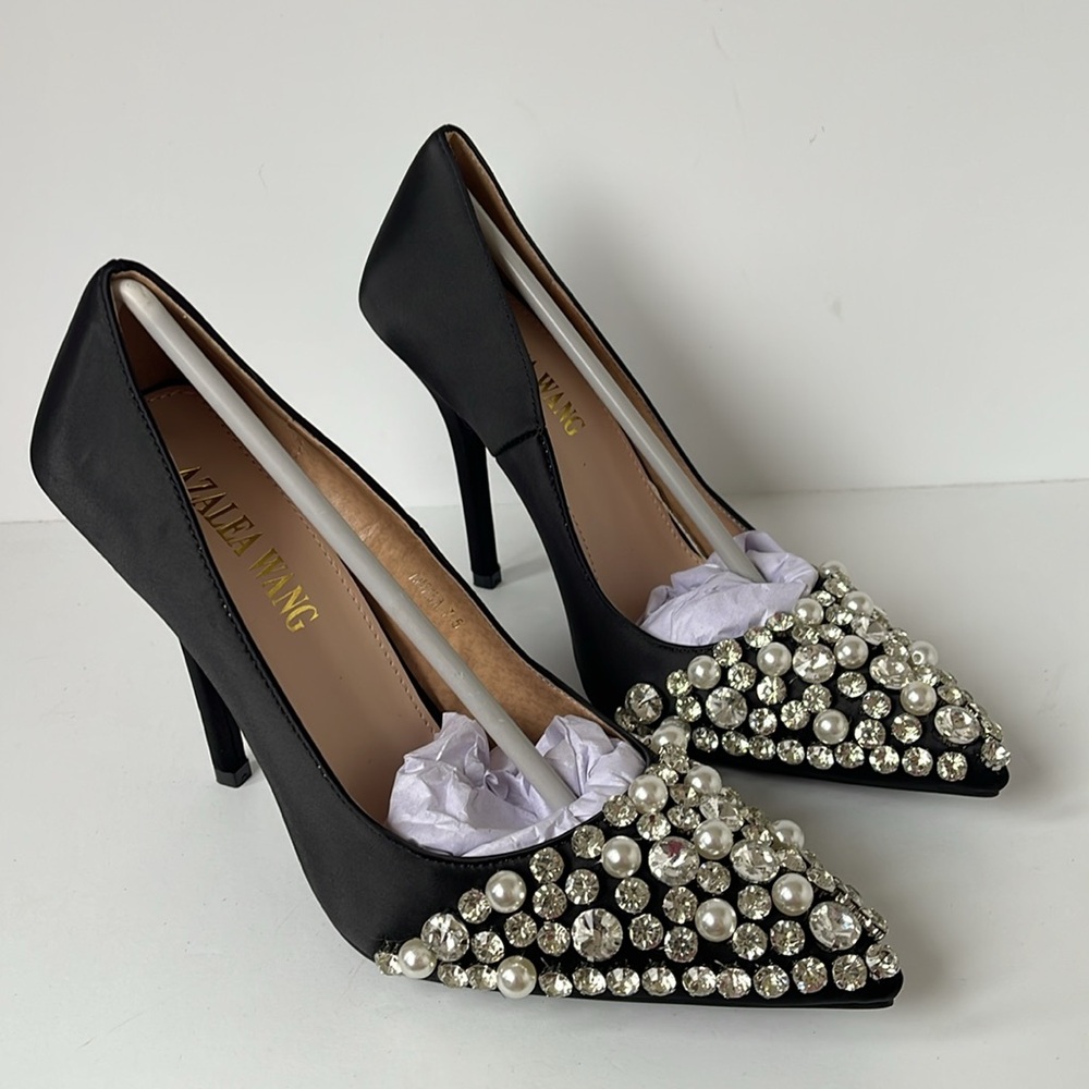 Azalea Wang Women’s Black Satin Embellished Stiletto Heels Pointed Toe Size 7.5 - Picture 9 of 10